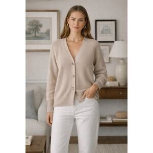 Talbots Cotton Ribbed Cardigan Sweater Size L Beige Cream